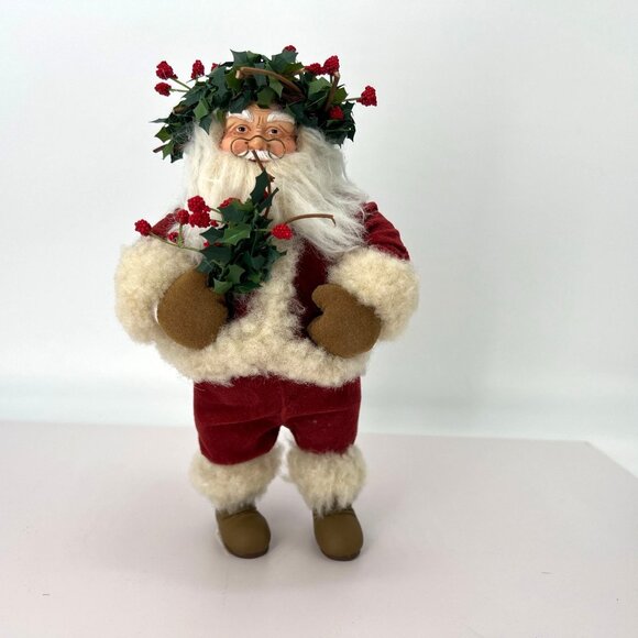 Hallmark Christmas Santa Figurine With Holly Decor‎ In Red Velvet & Fur Outfit - Picture 1 of 6